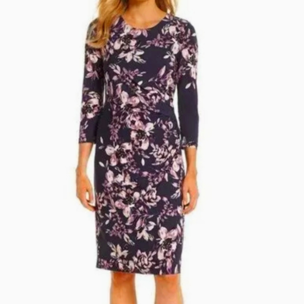 Eliza J Floral Print Ruched Sheath Dress Scoop Neck Midi 3/4 Sleeve Navy Purple